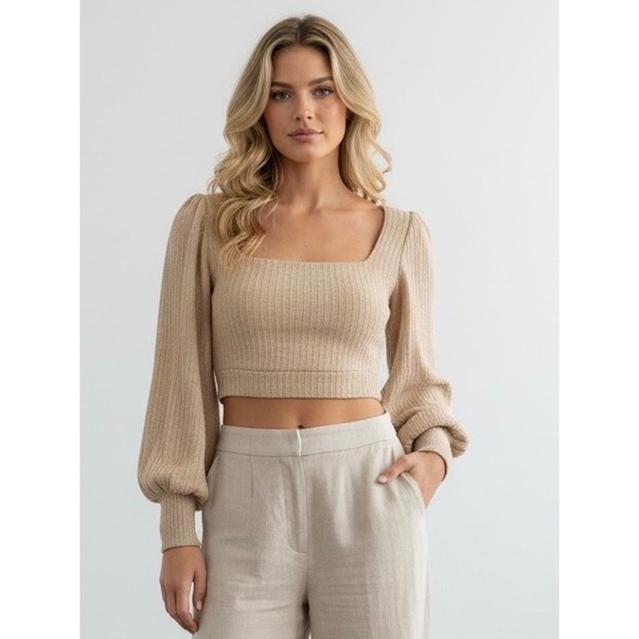 Tops - Beige Square Neck Open Back Tie Crop Top Balloon Sleeve Textured Size 6
